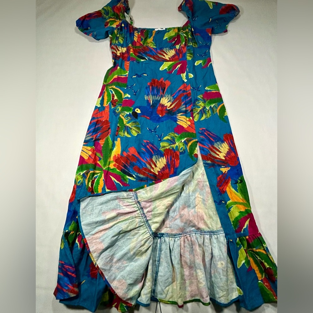 House of Harlow 1960 Blue Tropical Toucan Parrot Linen Blend Maxi Dress Slit Lg